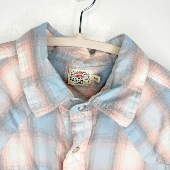 Faherty Artisan Twill Western Shirt Collared Pink Blue Plaid Pearlized Buttons M - Picture 3 of 13